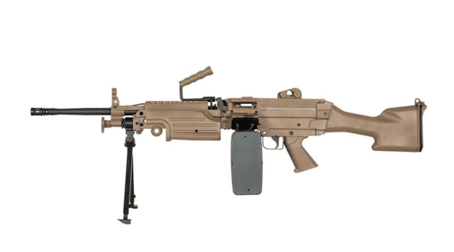 A&k m249 with sound control drum magazine (hard stock - tan - ak-m249-mk2-p) - Airsoft Support Rifles