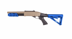 Golden eagle m870 tri-shot gas pump action shotgun (8878) tan twotone blue