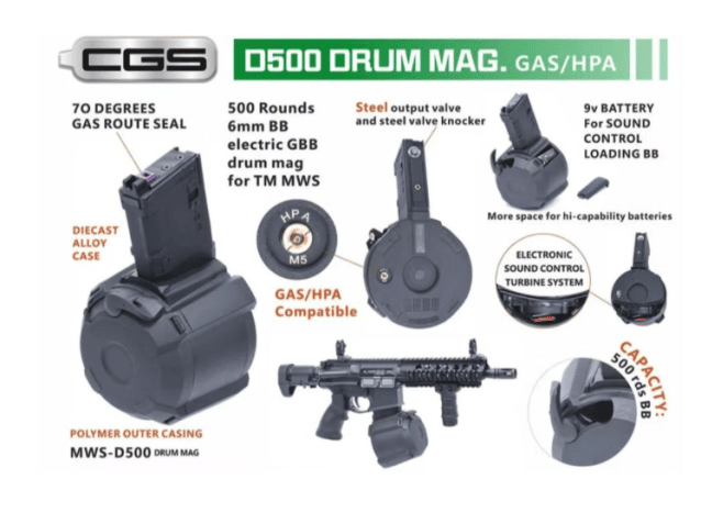 Cyma MWS D500 Gas/HPA 500 Rds Drum Magazine for M4 MWS System Rifles - Airsoft GBB Rifle Magazines - view 2