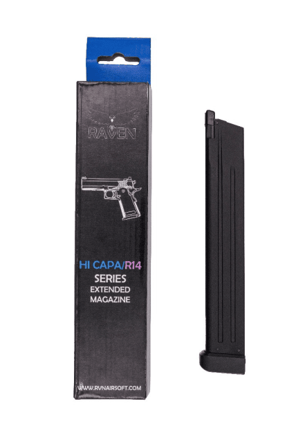 48-round extended gas magazine for RAVEN Hi-Capa and R14 pistols with deep double-stack reservoir. Product Features: CNC aluminium body 48-round gas capacity Double-stack extended reservoir Polymer feed lips and follower Polymer base plate Direct-fit for 